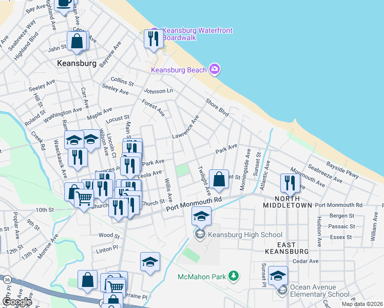 map of restaurants, bars, coffee shops, grocery stores, and more near 114 Park Avenue in Keansburg