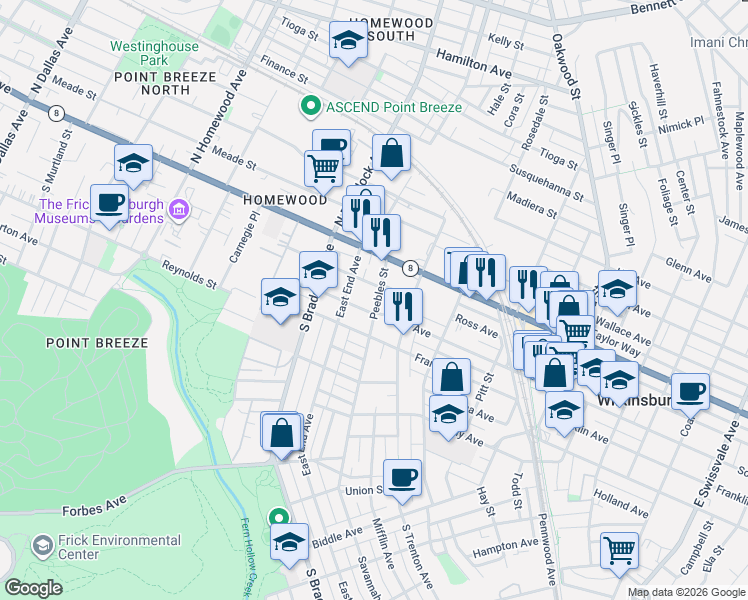 map of restaurants, bars, coffee shops, grocery stores, and more near 303 Peebles Street in Pittsburgh