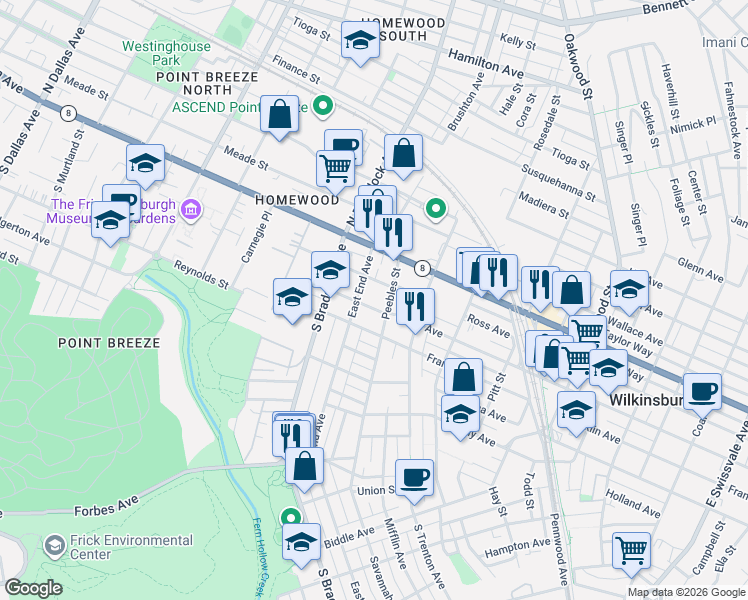 map of restaurants, bars, coffee shops, grocery stores, and more near in Pittsburgh