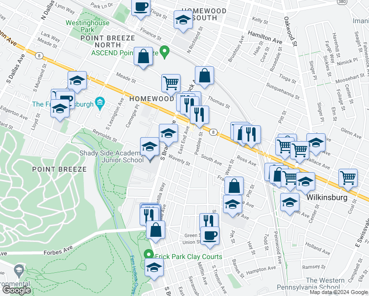 map of restaurants, bars, coffee shops, grocery stores, and more near in Pittsburgh