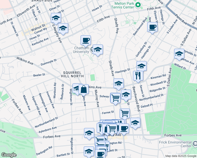 map of restaurants, bars, coffee shops, grocery stores, and more near 125 Woodland Road in Pittsburgh