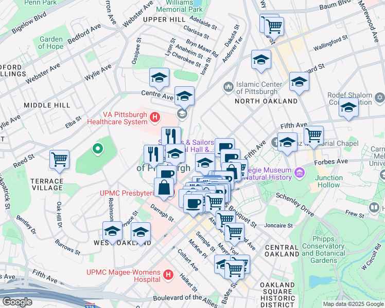 map of restaurants, bars, coffee shops, grocery stores, and more near 3939 O'Hara Street in Pittsburgh