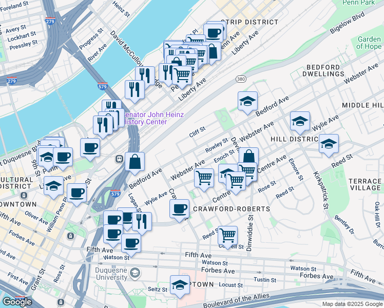 map of restaurants, bars, coffee shops, grocery stores, and more near 40 Manilla Street in Pittsburgh