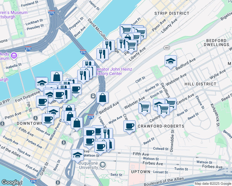 map of restaurants, bars, coffee shops, grocery stores, and more near 1435 Bedford Avenue in Pittsburgh