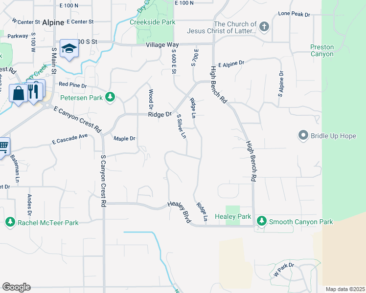 map of restaurants, bars, coffee shops, grocery stores, and more near 584 South Silver Lane in Alpine