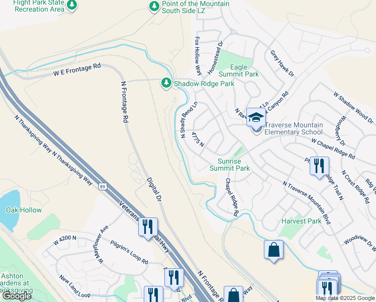 map of restaurants, bars, coffee shops, grocery stores, and more near 2925 West Shady Bend Lane in Lehi