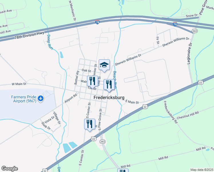 map of restaurants, bars, coffee shops, grocery stores, and more near 141 East Main Street in Fredericksburg