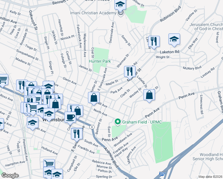 map of restaurants, bars, coffee shops, grocery stores, and more near 1230 Park Avenue in Pittsburgh