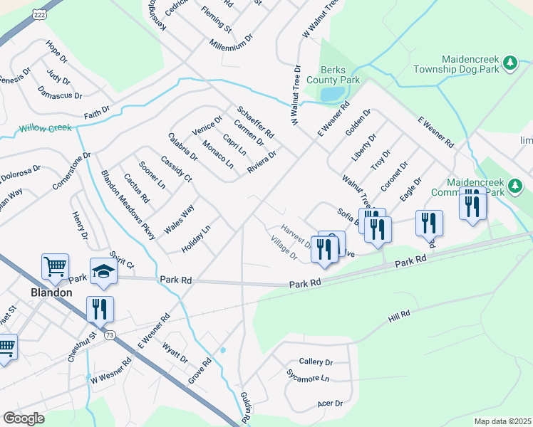 map of restaurants, bars, coffee shops, grocery stores, and more near 526 Harvest Drive in Blandon
