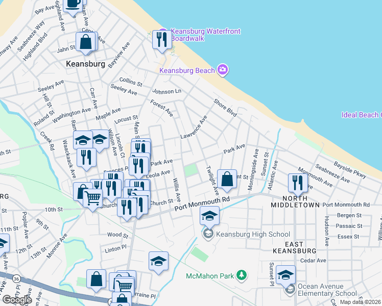 map of restaurants, bars, coffee shops, grocery stores, and more near 34 Evergreen Place in Keansburg