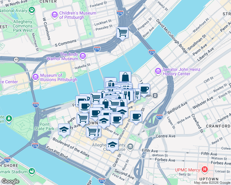 map of restaurants, bars, coffee shops, grocery stores, and more near 920 Fort Duquesne Boulevard in Pittsburgh