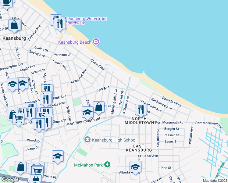 map of restaurants, bars, coffee shops, grocery stores, and more near 70 Beacon Boulevard in Keansburg