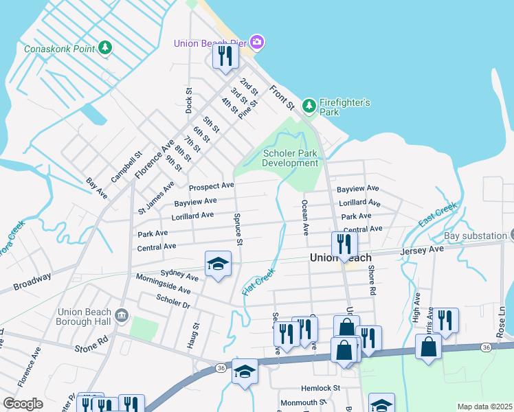 map of restaurants, bars, coffee shops, grocery stores, and more near 425 Park Avenue in Union Beach
