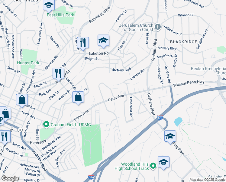 map of restaurants, bars, coffee shops, grocery stores, and more near in Wilkinsburg