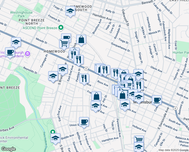 map of restaurants, bars, coffee shops, grocery stores, and more near 903 West Street in Pittsburgh