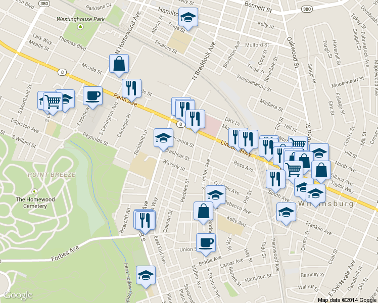 map of restaurants, bars, coffee shops, grocery stores, and more near 303 Peebles Street in Pittsburgh