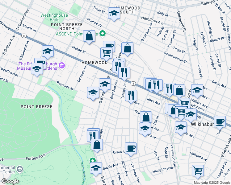 map of restaurants, bars, coffee shops, grocery stores, and more near 311 East End Avenue in Pittsburgh