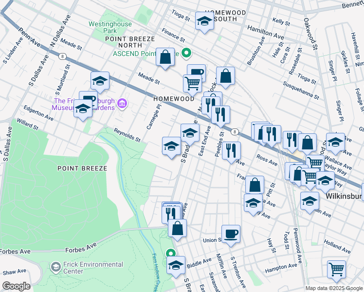map of restaurants, bars, coffee shops, grocery stores, and more near 401 South Braddock Avenue in Pittsburgh
