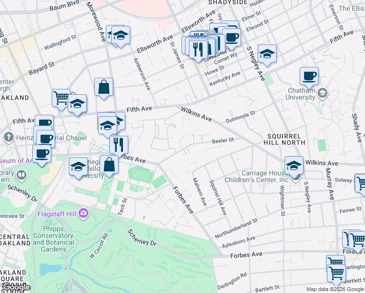 map of restaurants, bars, coffee shops, grocery stores, and more near 5162 Beeler Street in Pittsburgh