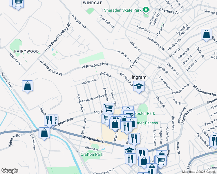 map of restaurants, bars, coffee shops, grocery stores, and more near 70 Schley Avenue in Pittsburgh