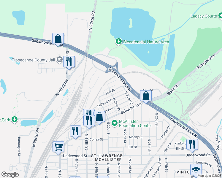 map of restaurants, bars, coffee shops, grocery stores, and more near 2650 North 21st Street in Lafayette
