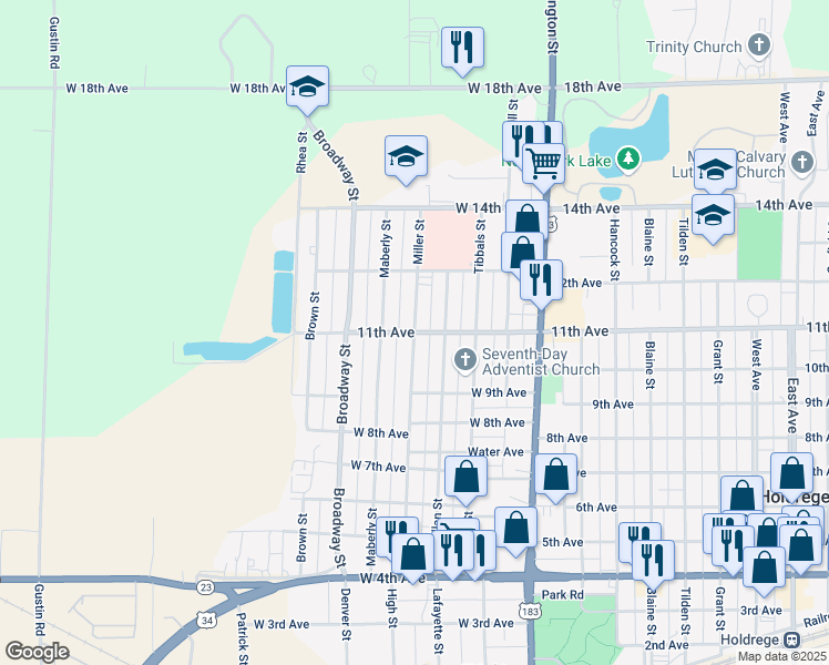 map of restaurants, bars, coffee shops, grocery stores, and more near 1100 Miller Street in Holdrege