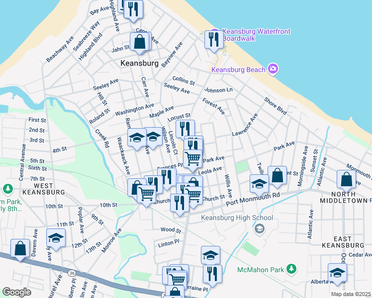 map of restaurants, bars, coffee shops, grocery stores, and more near 213 Main Street in Keansburg
