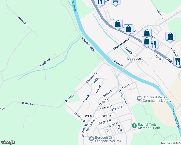 map of restaurants, bars, coffee shops, grocery stores, and more near 275 Chestnut Street in Leesport