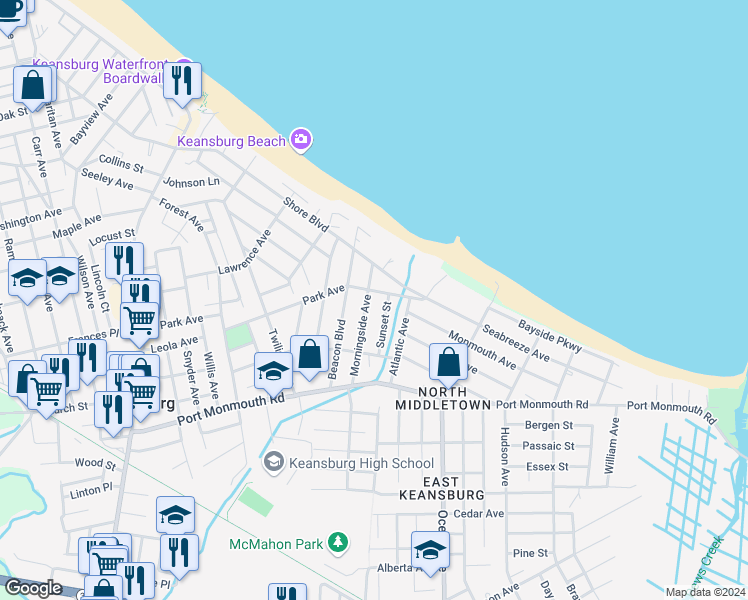 map of restaurants, bars, coffee shops, grocery stores, and more near 22 Morningside Avenue in Keansburg