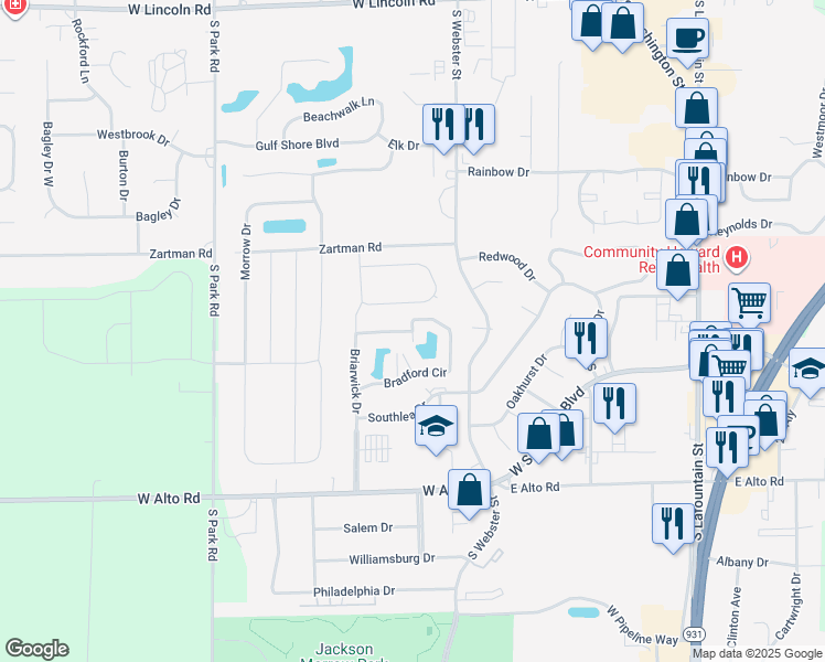 map of restaurants, bars, coffee shops, grocery stores, and more near 422 Bradford Circle in Kokomo