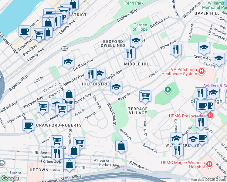 map of restaurants, bars, coffee shops, grocery stores, and more near 2250 Centre Avenue in Pittsburgh