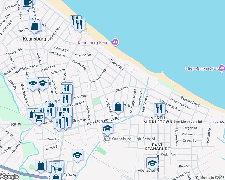 map of restaurants, bars, coffee shops, grocery stores, and more near 14 Cottage Place in Keansburg