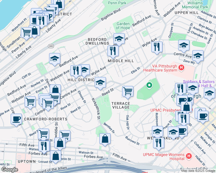 map of restaurants, bars, coffee shops, grocery stores, and more near 2306 Reed Street in Pittsburgh