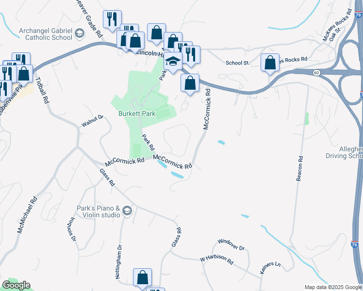 map of restaurants, bars, coffee shops, grocery stores, and more near 434 Beech Drive in McKees Rocks