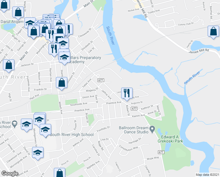 map of restaurants, bars, coffee shops, grocery stores, and more near 19 Jeffrie Avenue in South River