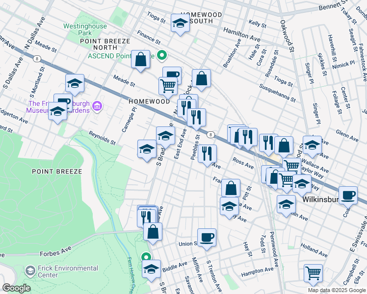 map of restaurants, bars, coffee shops, grocery stores, and more near in Pittsburgh