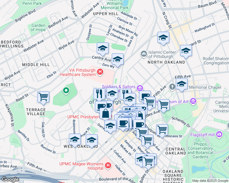 map of restaurants, bars, coffee shops, grocery stores, and more near 3825 University Drive C in Pittsburgh