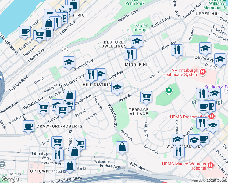 map of restaurants, bars, coffee shops, grocery stores, and more near 2250 Centre Avenue in Pittsburgh