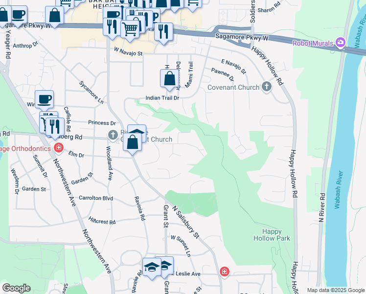 map of restaurants, bars, coffee shops, grocery stores, and more near 112 Mohican Court in West Lafayette