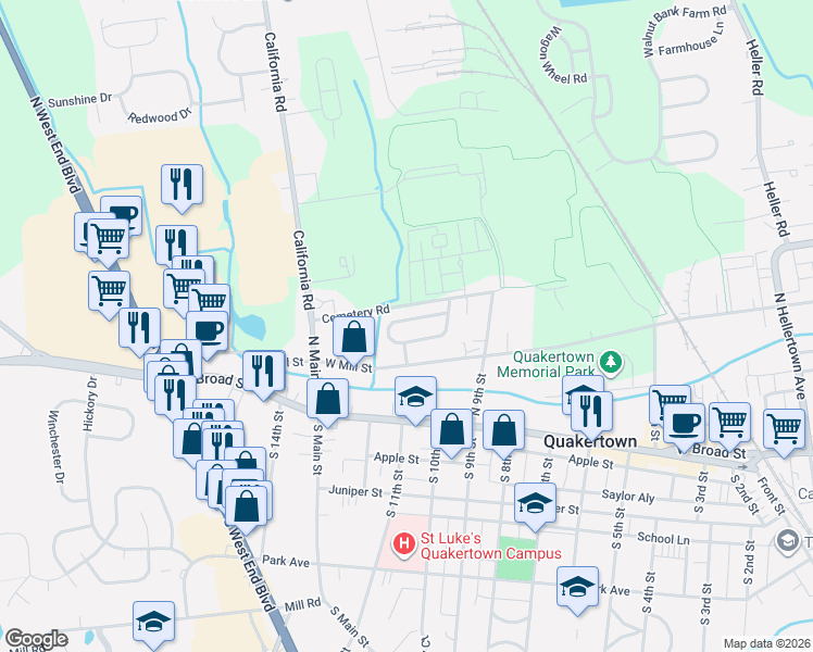 map of restaurants, bars, coffee shops, grocery stores, and more near 1026 Brookfield Circle in Quakertown