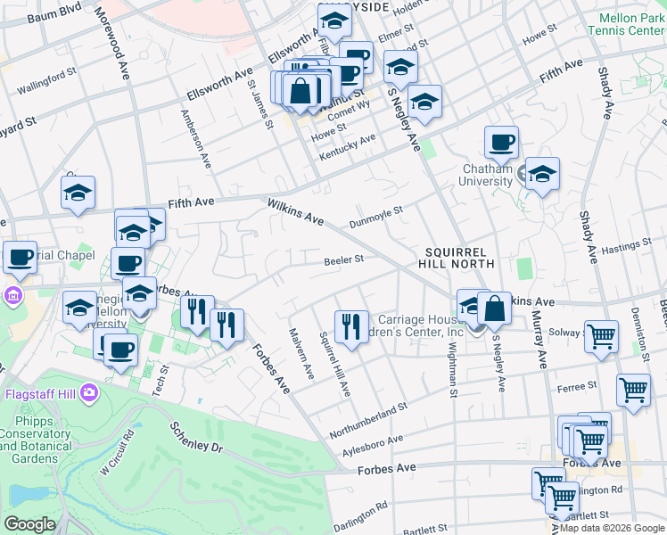 map of restaurants, bars, coffee shops, grocery stores, and more near 5401 Fair Oaks Street in Pittsburgh