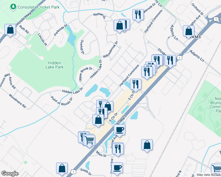 map of restaurants, bars, coffee shops, grocery stores, and more near 361 Hadleigh Lane in North Brunswick Township