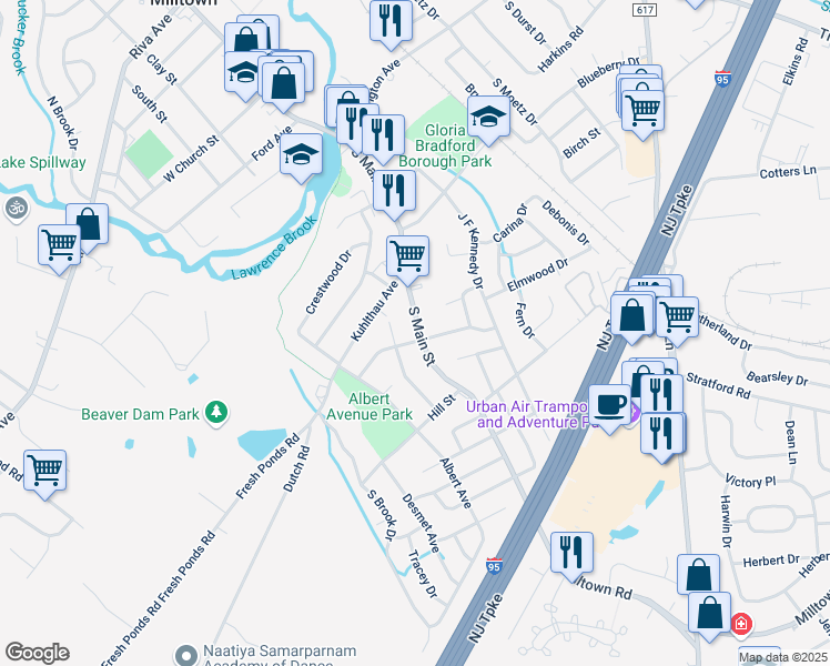 map of restaurants, bars, coffee shops, grocery stores, and more near 192 South Main Street in Milltown