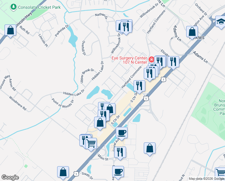 map of restaurants, bars, coffee shops, grocery stores, and more near 2347 Berkshire Lane in North Brunswick Township