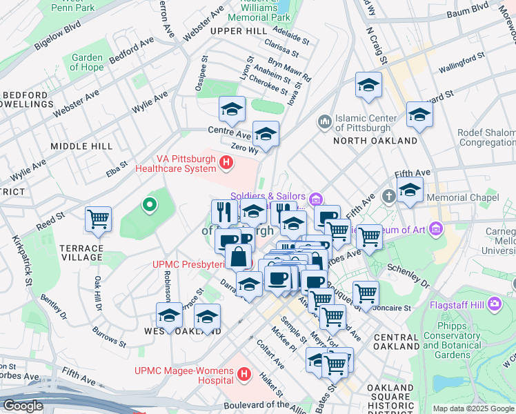 map of restaurants, bars, coffee shops, grocery stores, and more near 4200 Fifth Avenue in Pittsburgh