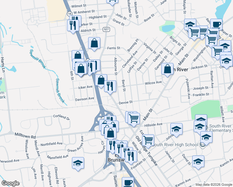 map of restaurants, bars, coffee shops, grocery stores, and more near 14 Albourne Street in South River