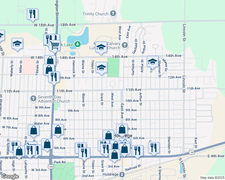 map of restaurants, bars, coffee shops, grocery stores, and more near West Avenue in Holdrege