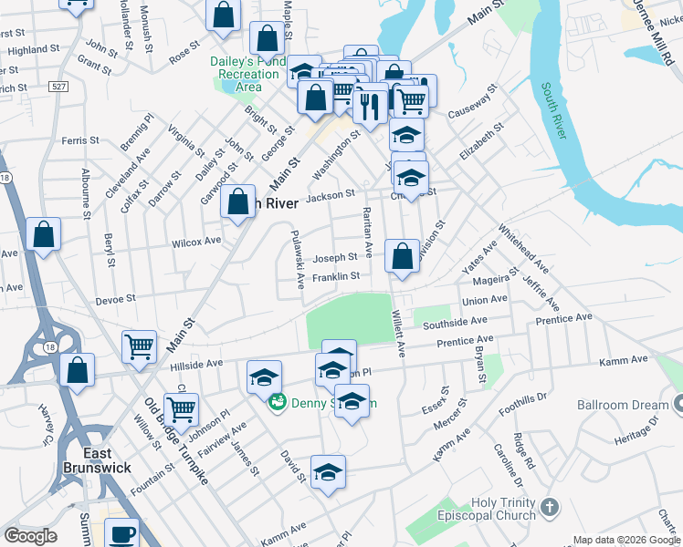 map of restaurants, bars, coffee shops, grocery stores, and more near 3 Joseph Street in South River