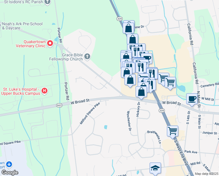 map of restaurants, bars, coffee shops, grocery stores, and more near 7 Stonegate Village in Quakertown