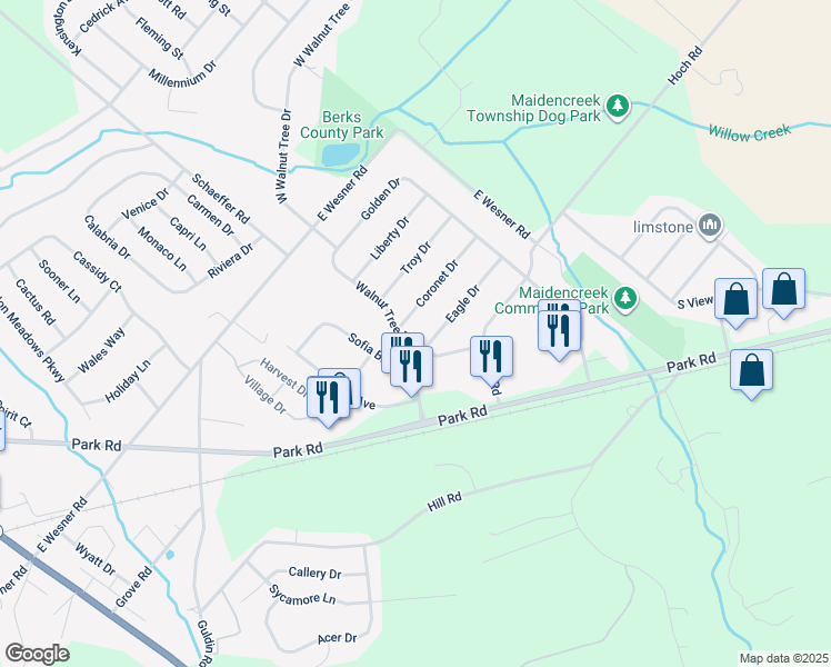 map of restaurants, bars, coffee shops, grocery stores, and more near 619 Walnut Tree Drive in Blandon